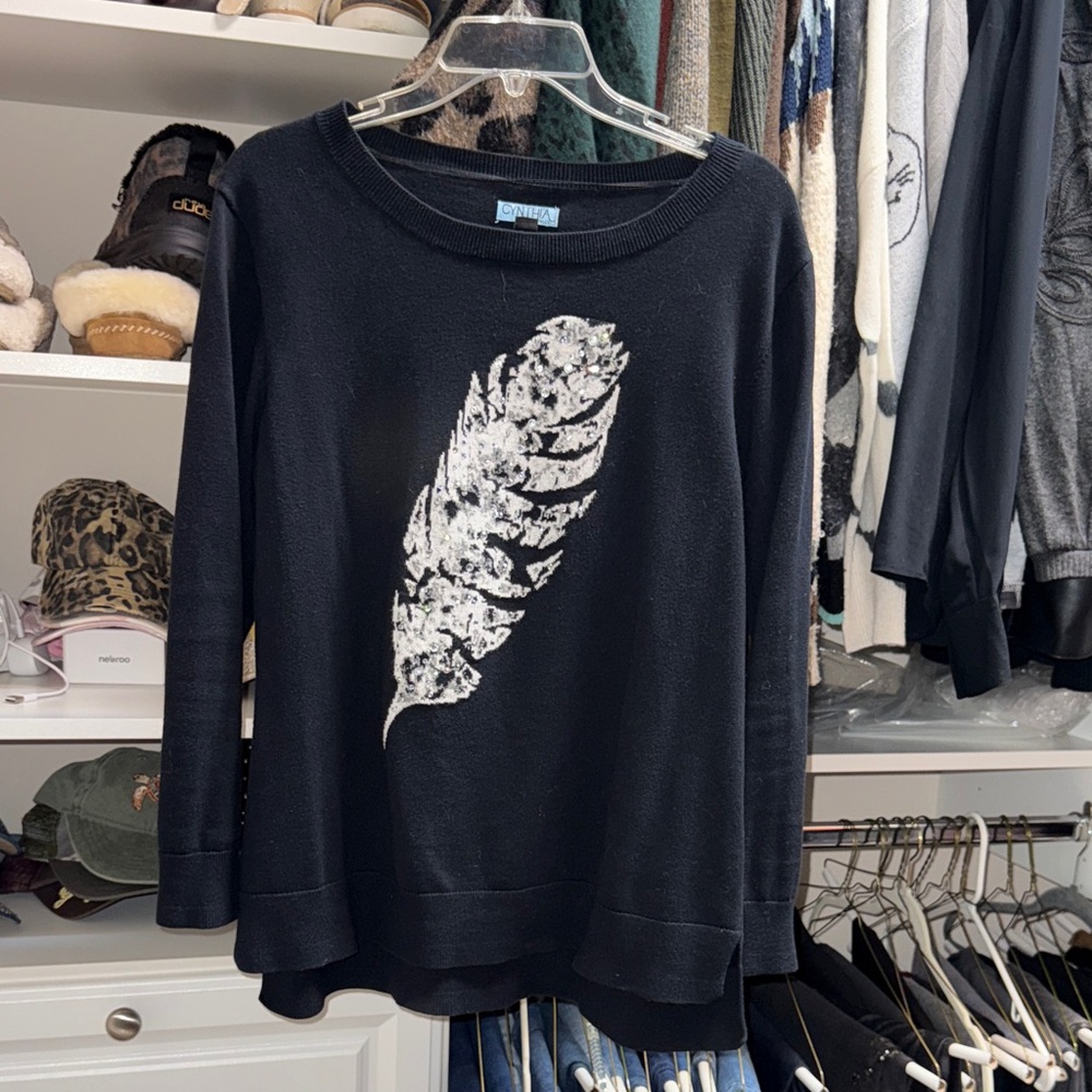 Cynthia Rowley Black Sweater with White Feather Design